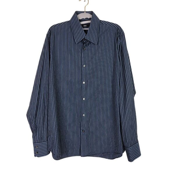 Boss HUGO BOSS Shirt Mens 16 34/35 Blue‎ Stripe Dress Shirt Long Sleeve Button - Picture 1 of 10